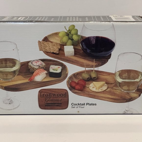Ironwood Gourmet Acacia Wood Cocktail Cheese Wine Plates ~ Set of 4 ~ NEW - Picture 5 of 7
